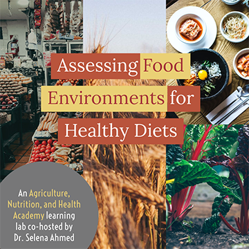 Images of a supermaket, field of wheat, a table with plates of food, and chard growing in a garden. With the words "Assessing Food Environments for Healthy Diets"