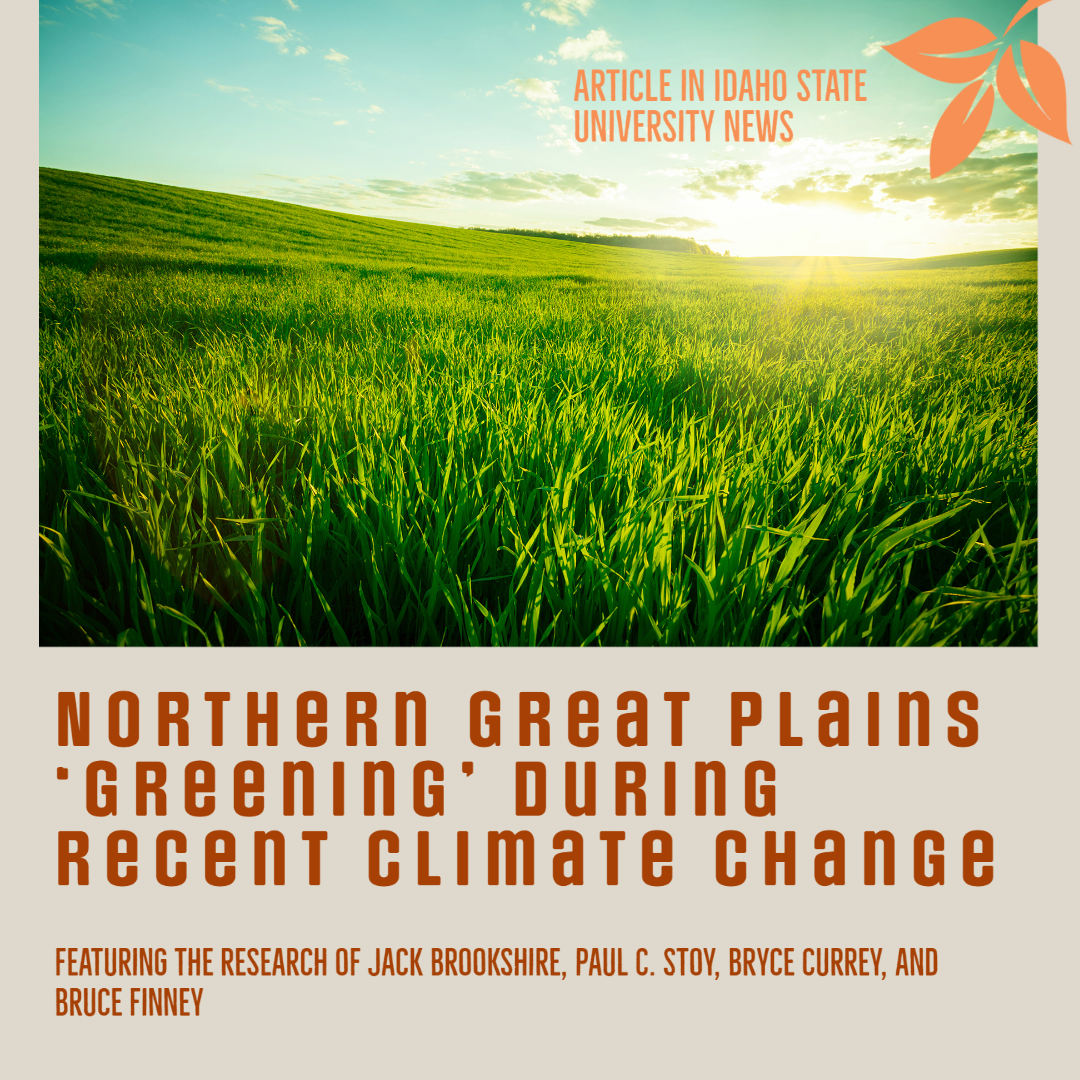 An image of a green field on rolling hills with a blue sky in the background. The words "Northern Great Plains ‘greening’ during recent climate change"