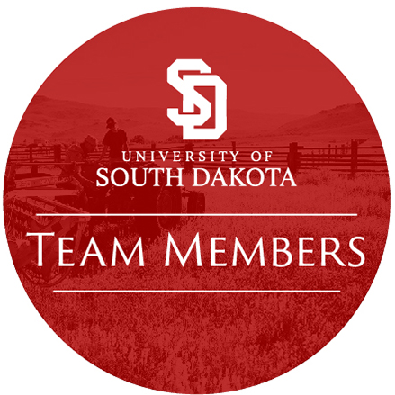 Icon with the University of South Dakota logo and the words 'Team Members', all in a red circle with a photos of a person on a tractor in the background