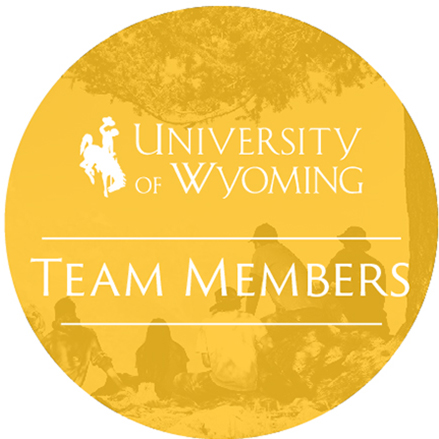 Icon with the University of Wyoming logo and the words 'Team Members', all in a yellow circle with a photos of people sitting under a tree in the backround