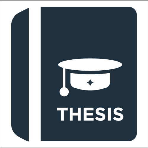 icon of a book and a graduation hat and the word "thesis"