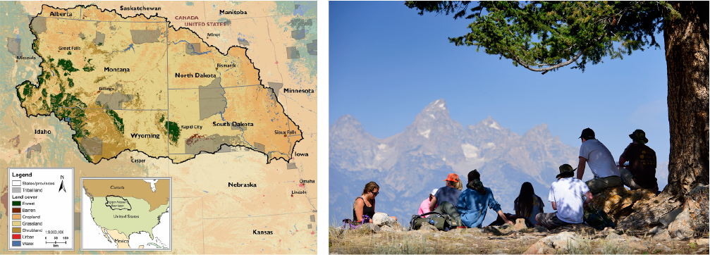 A map of the Upper Missouri River Basin and a photo of students looking at a mountain