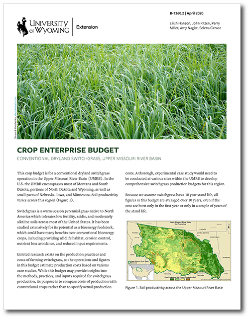 An image of the first page of the Switchgrass Crop Budget