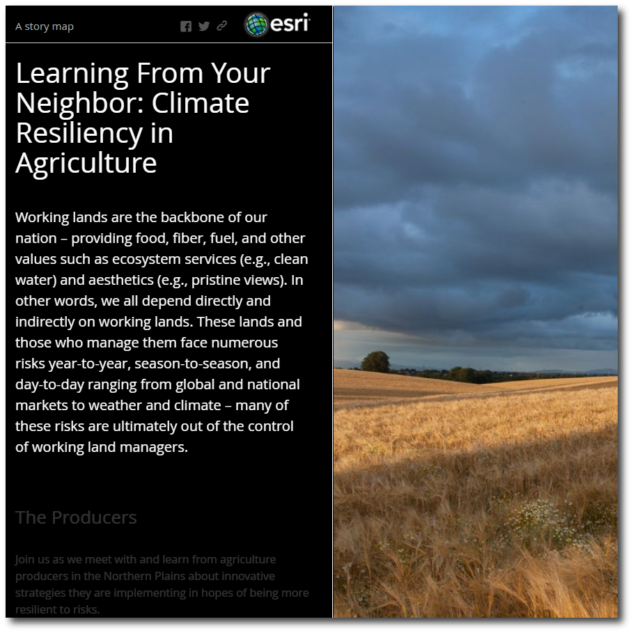 An image of the 'Learning from your Neighbor' StoryMap--on the left ther is white text on a black background, on the right is a photo fo a field with a cloudy sky in the background