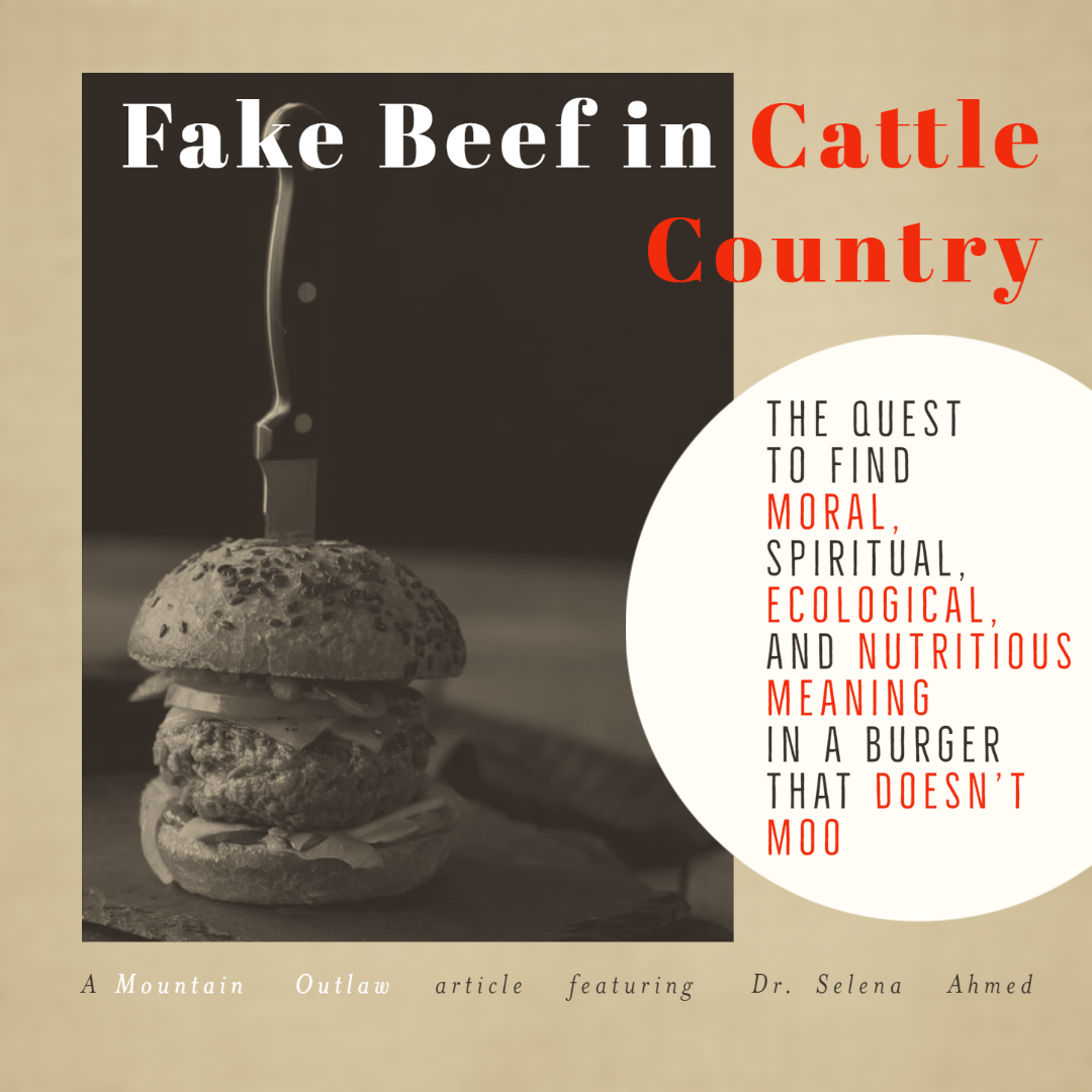 An image of a burger with a knife in it and the words "Fake Beef in Cattle Country"