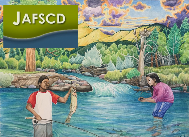 Children fishing in a local stream. Artwork by Sashay Camel, a local, Salish artist living on the Flathead Indian Reservation. 