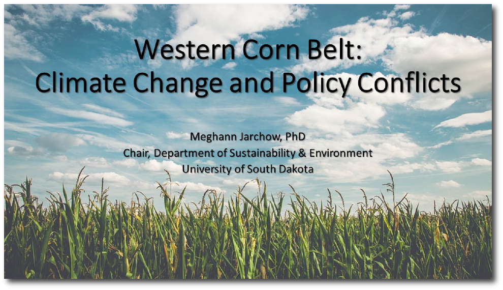 The first slide of the presentation--an image of a field of corn, blue sky and clouds in the background, and the title of the presentation
