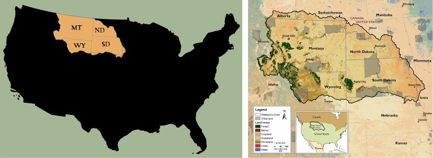 Two maps showing the location of the Upper Missouri River Basin: one shows the entire USA with the UMRB highlighted (including large parts of Montana, Wyoming, North Dakota, and South Dakota'; the other map is a close up of the UMRB showing different types of land-use