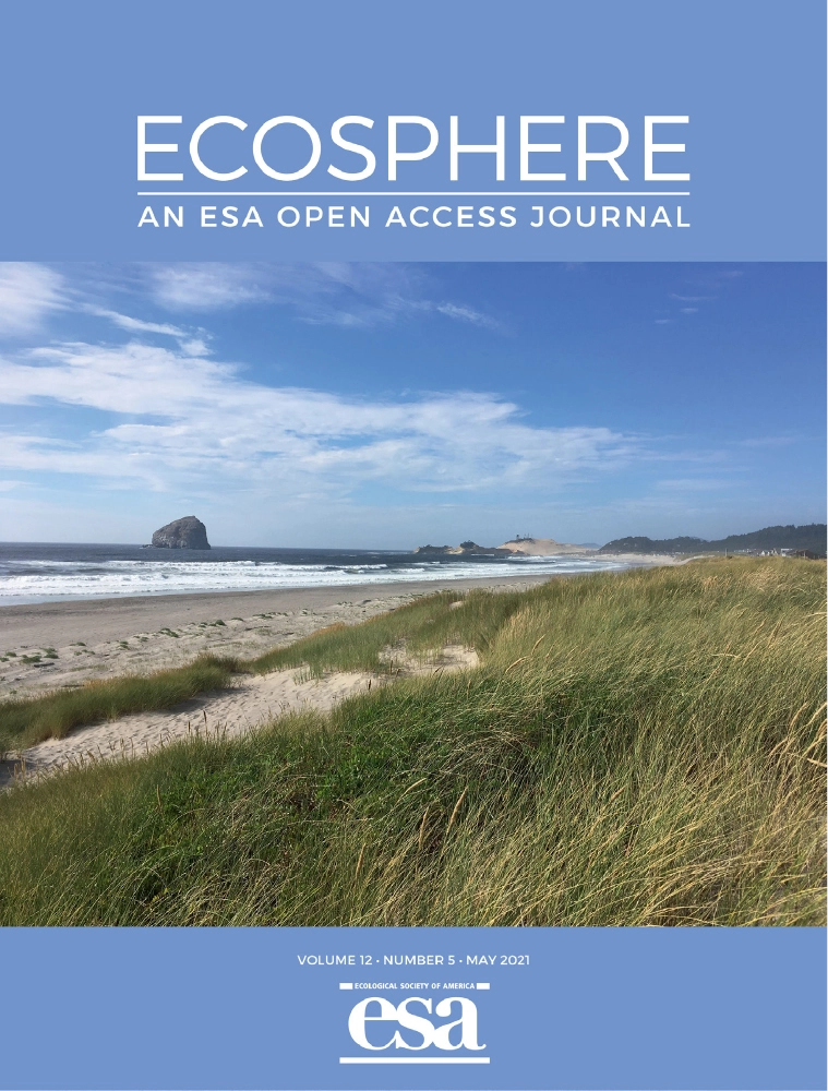 An image of the cover of the 'Ecosphere' journal--an image of a beach with grass next to it and the word 'Ecosphere'